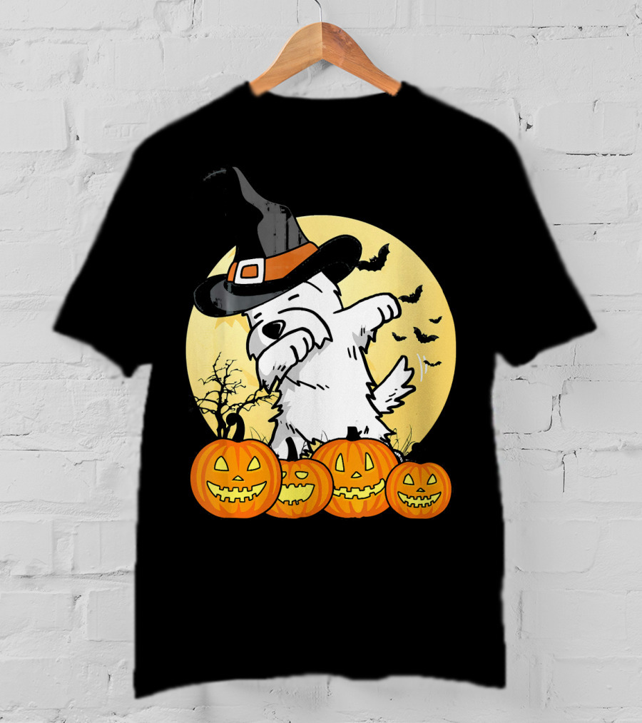 Funny Dabbing Westie Witch With Pumpkins And Bats Halloween Dog Dance T-Shirt