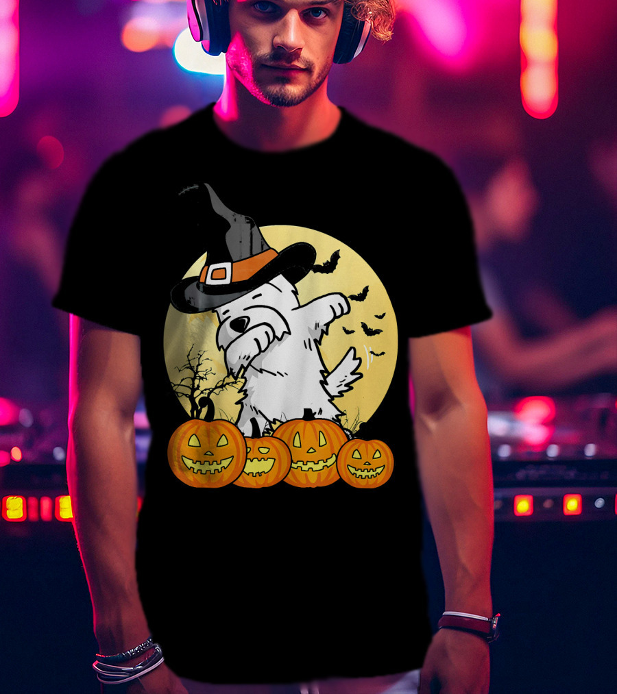 Funny Dabbing Westie Witch With Pumpkins And Bats Halloween Dog Dance T-Shirt