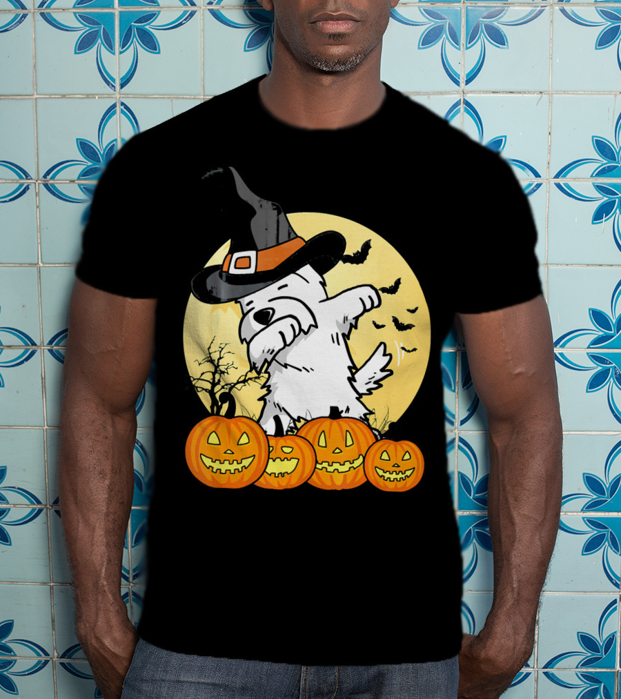 Funny Dabbing Westie Witch With Pumpkins And Bats Halloween Dog Dance T-Shirt