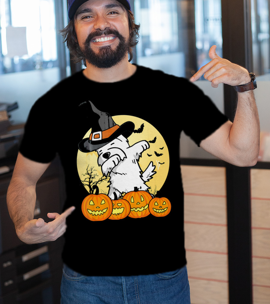 Funny Dabbing Westie Witch With Pumpkins And Bats Halloween Dog Dance T-Shirt