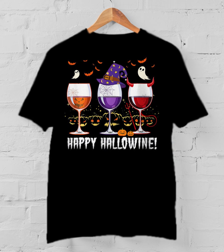 Happy Hallowine Ghosts Pumpkins Witch Hat Devil Horns Wine Glasses T-Shirt