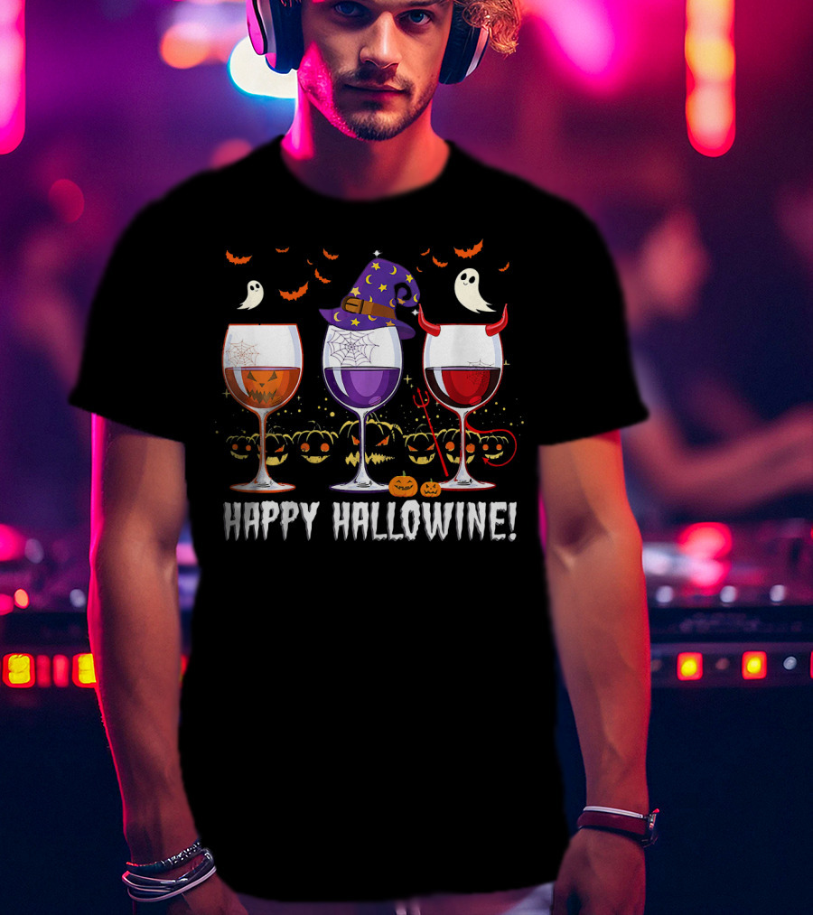 Happy Hallowine Ghosts Pumpkins Witch Hat Devil Horns Wine Glasses T-Shirt