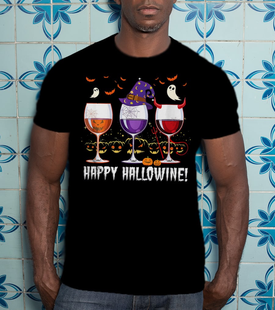 Happy Hallowine Ghosts Pumpkins Witch Hat Devil Horns Wine Glasses T-Shirt