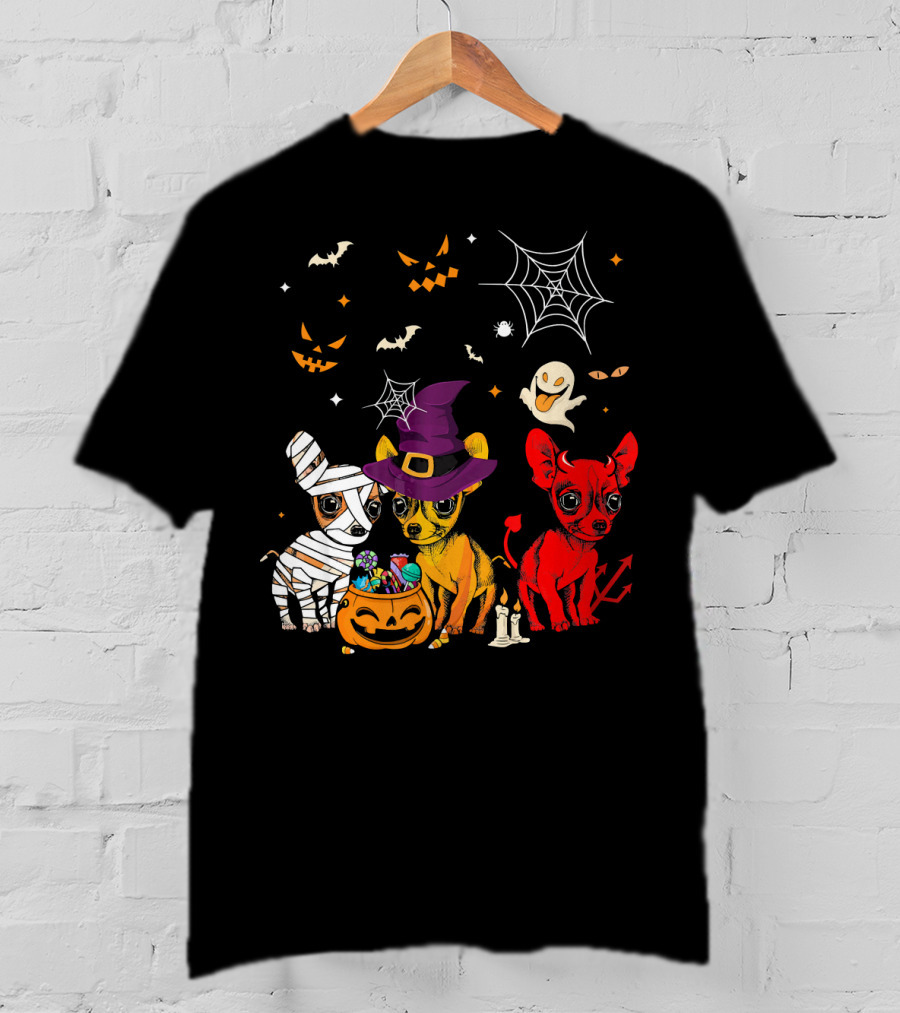 Three Chihuahuas Halloween Mummy Witch Devil T-Shirt