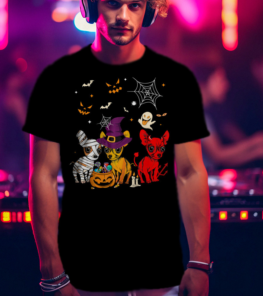 Three Chihuahuas Halloween Mummy Witch Devil T-Shirt
