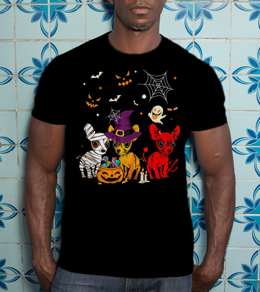 Three Chihuahuas Halloween Mummy Witch Devil T-Shirt