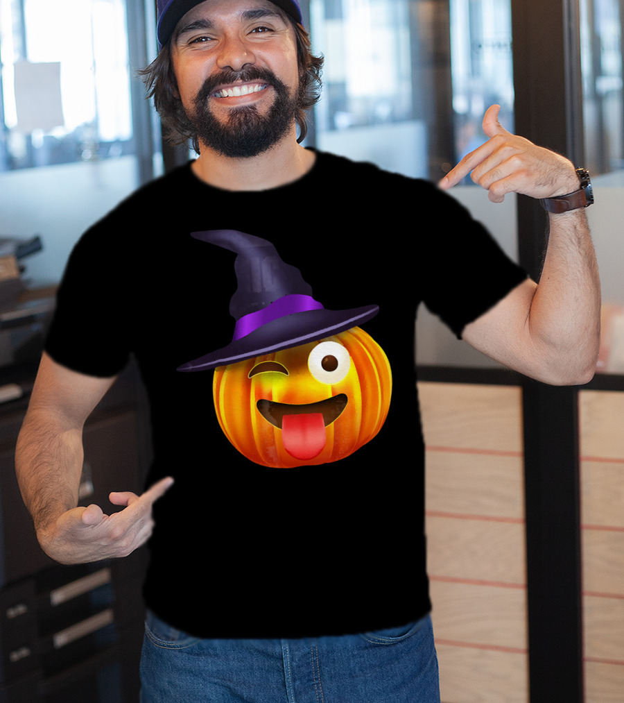 Halloween Costume Emoji Pumpkin Witch Hat Face T-Shirt