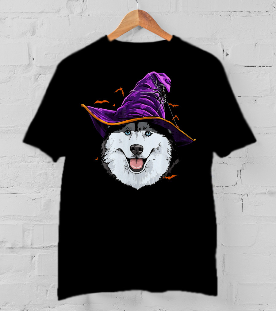 Siberian Husky Purple Witch Hat With Bats And Cobwebs T-Shirt