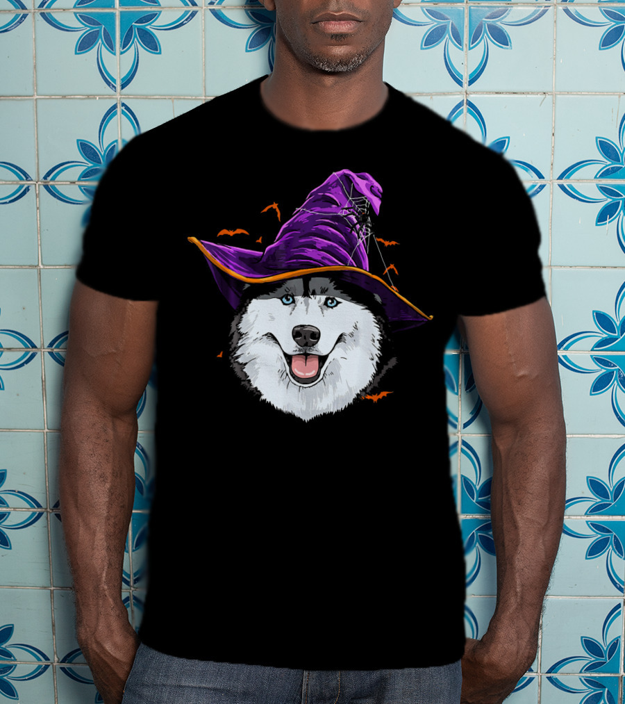 Siberian Husky Purple Witch Hat With Bats And Cobwebs T-Shirt