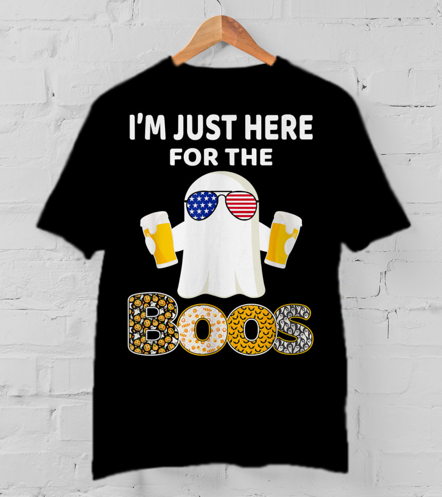 I'm Just Here For The Boos Ghost With American Flag Sunglasses And Beer T-Shirt