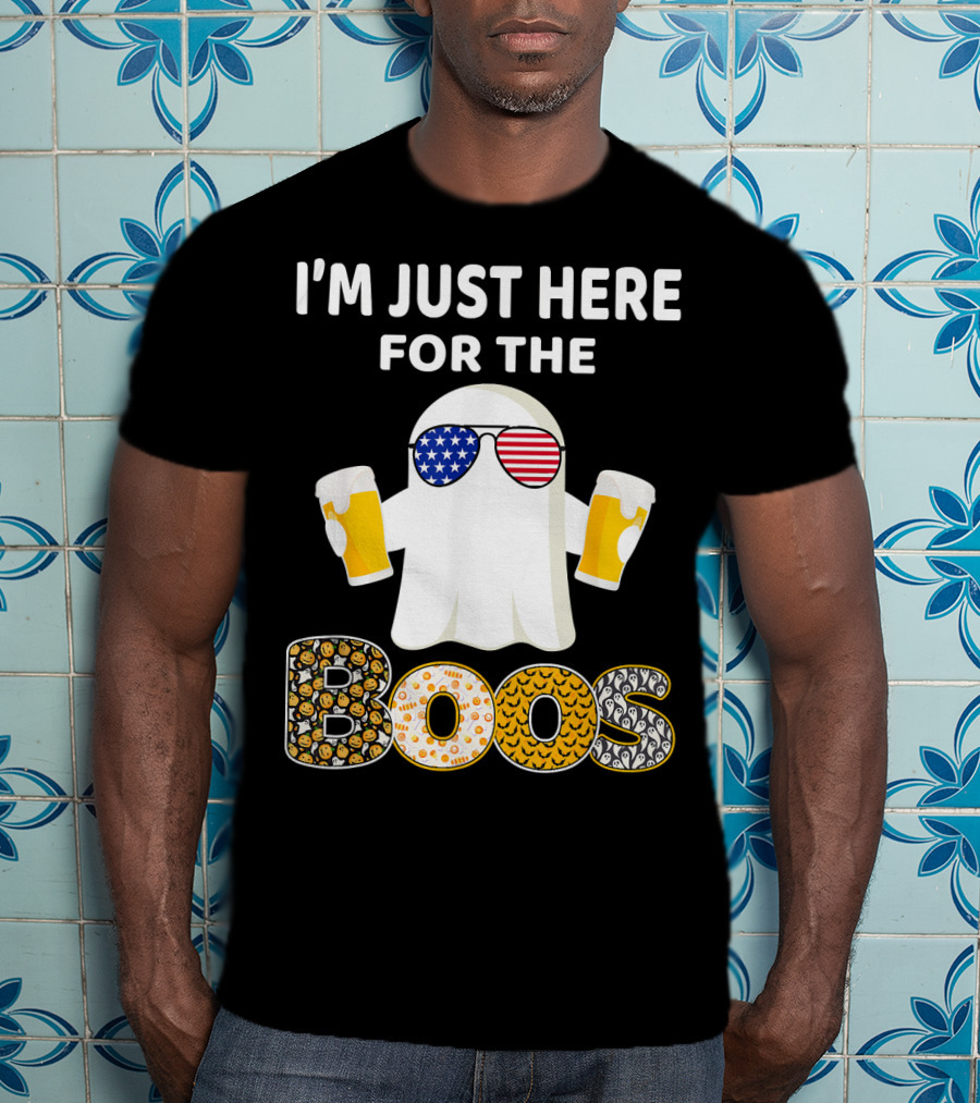 I'm Just Here For The Boos Ghost With American Flag Sunglasses And Beer T-Shirt