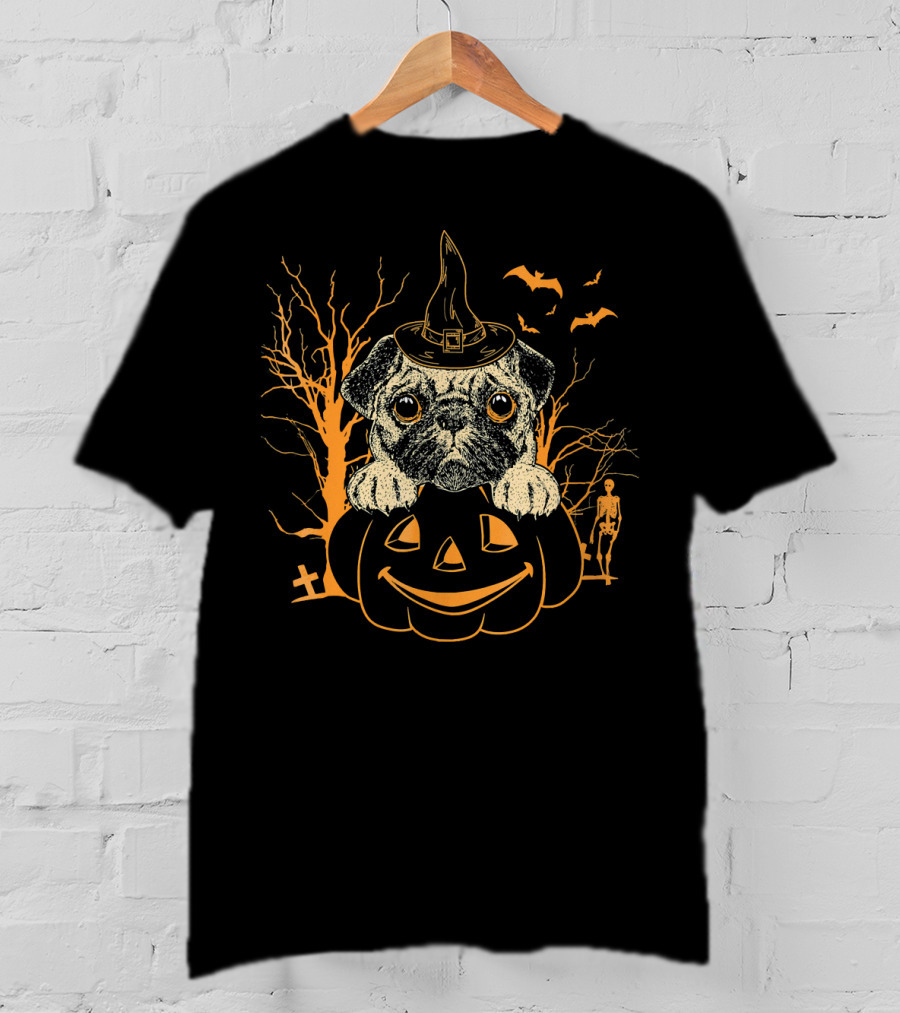 Halloween Pug Witch On Pumpkin With Skeleton And Bats T-Shirt