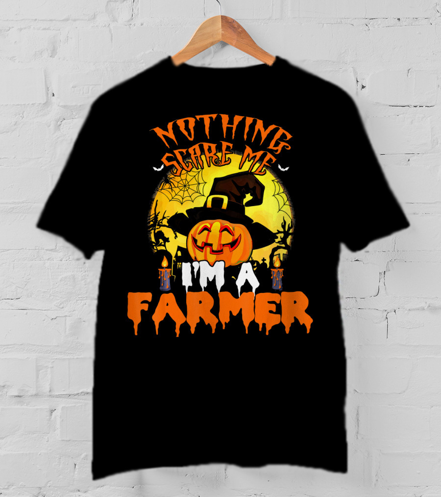 Orange Halloween Jack-O'-Lantern Hat Spider Web Nothing Scares Me I'm A Farmer T-Shirt