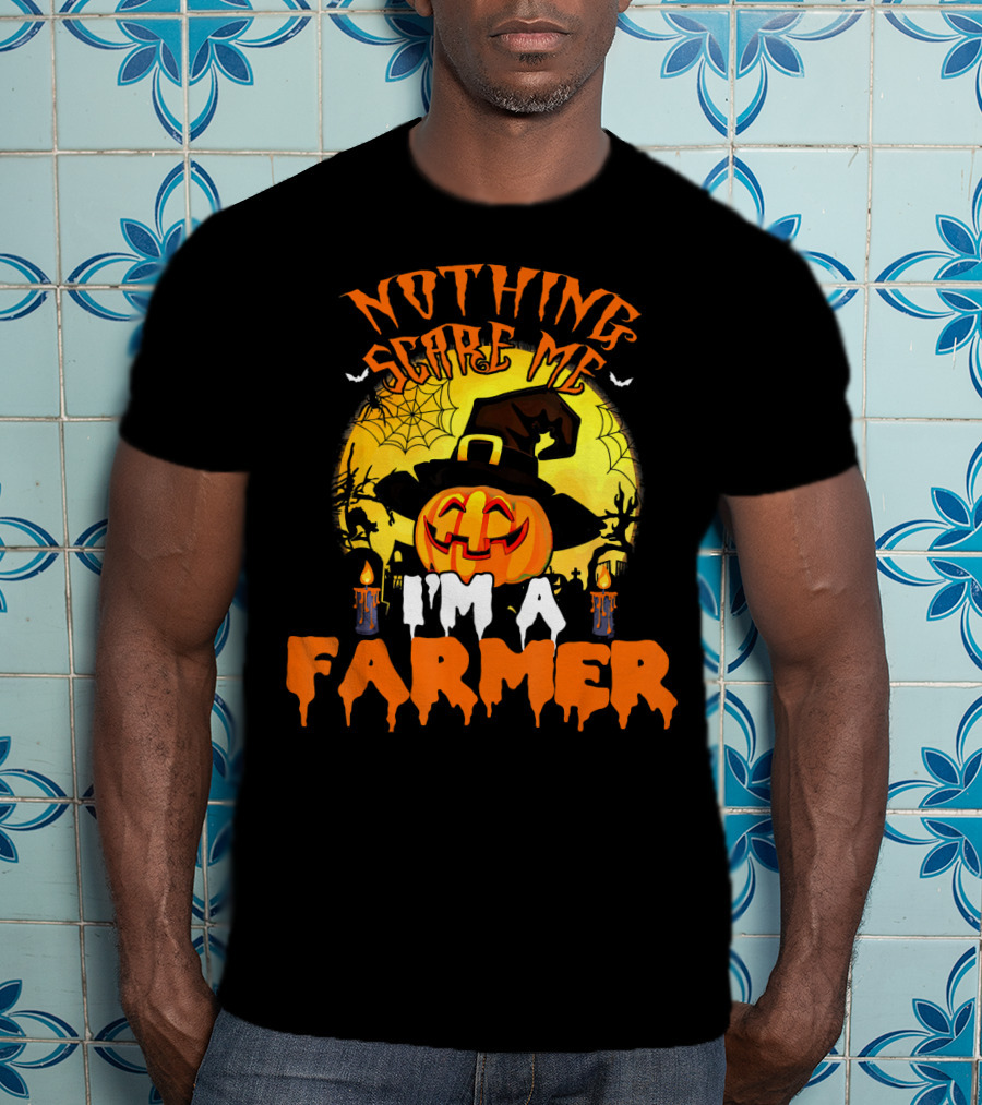 Orange Halloween Jack-O'-Lantern Hat Spider Web Nothing Scares Me I'm A Farmer T-Shirt
