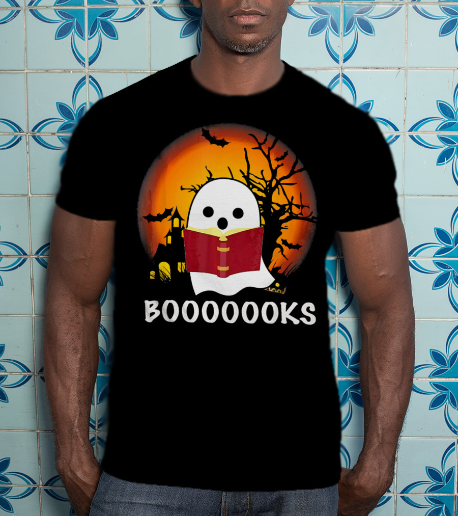 Boo Read Books Halloween Boooooooks Ghost With Red Book And Spooky Bats T-Shirt