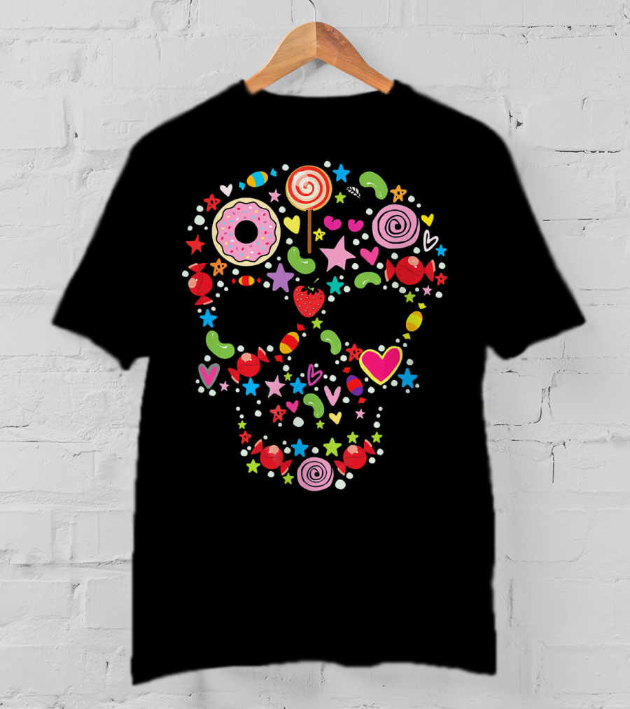 Candy Skull Día De Los Muertos Colorful Sweets And Stars T-Shirt