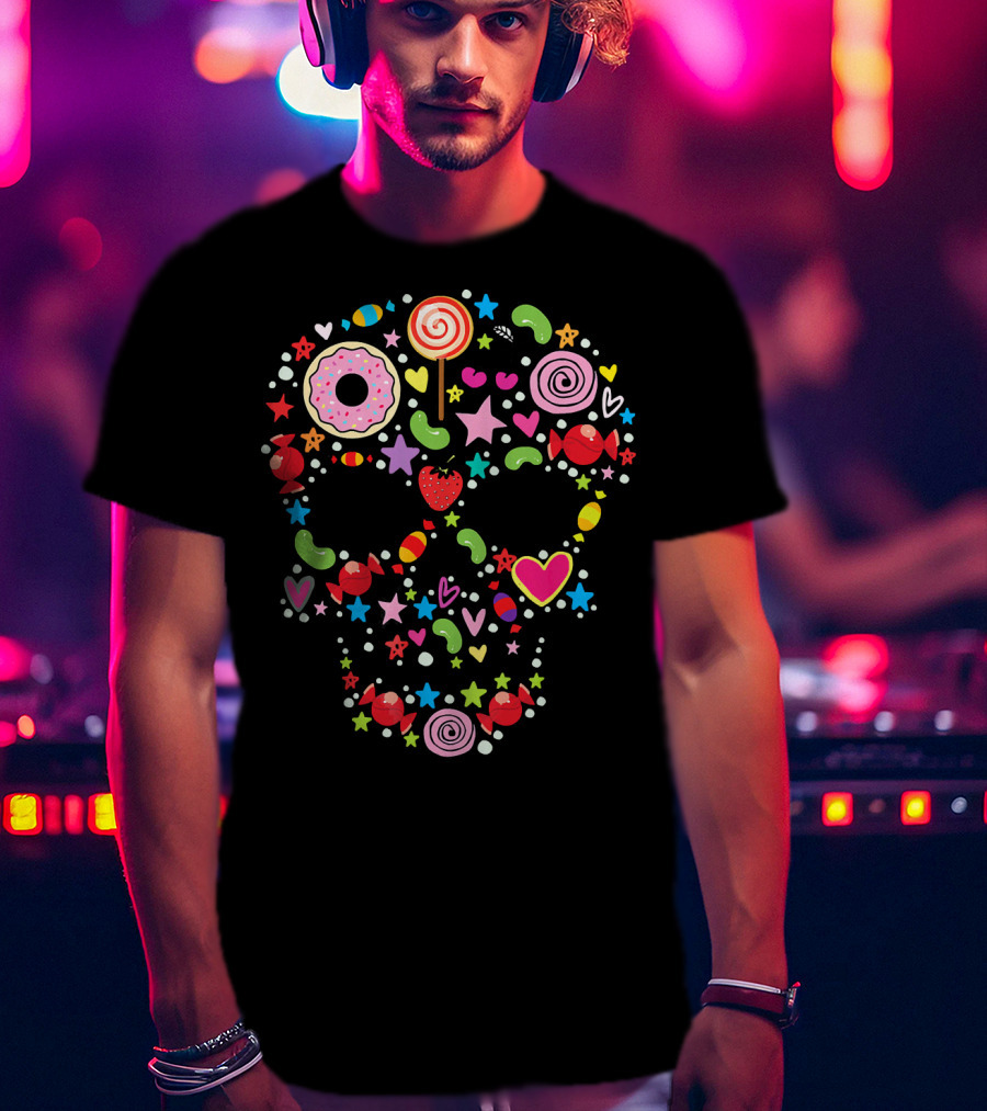 Candy Skull Día De Los Muertos Colorful Sweets And Stars T-Shirt