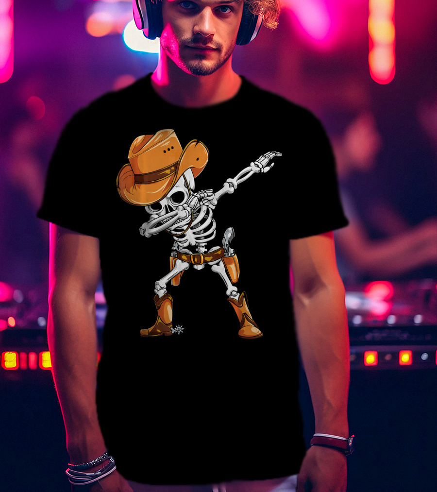 Dabbing Skeleton Cowboy In Orange Hat And Boots T-Shirt