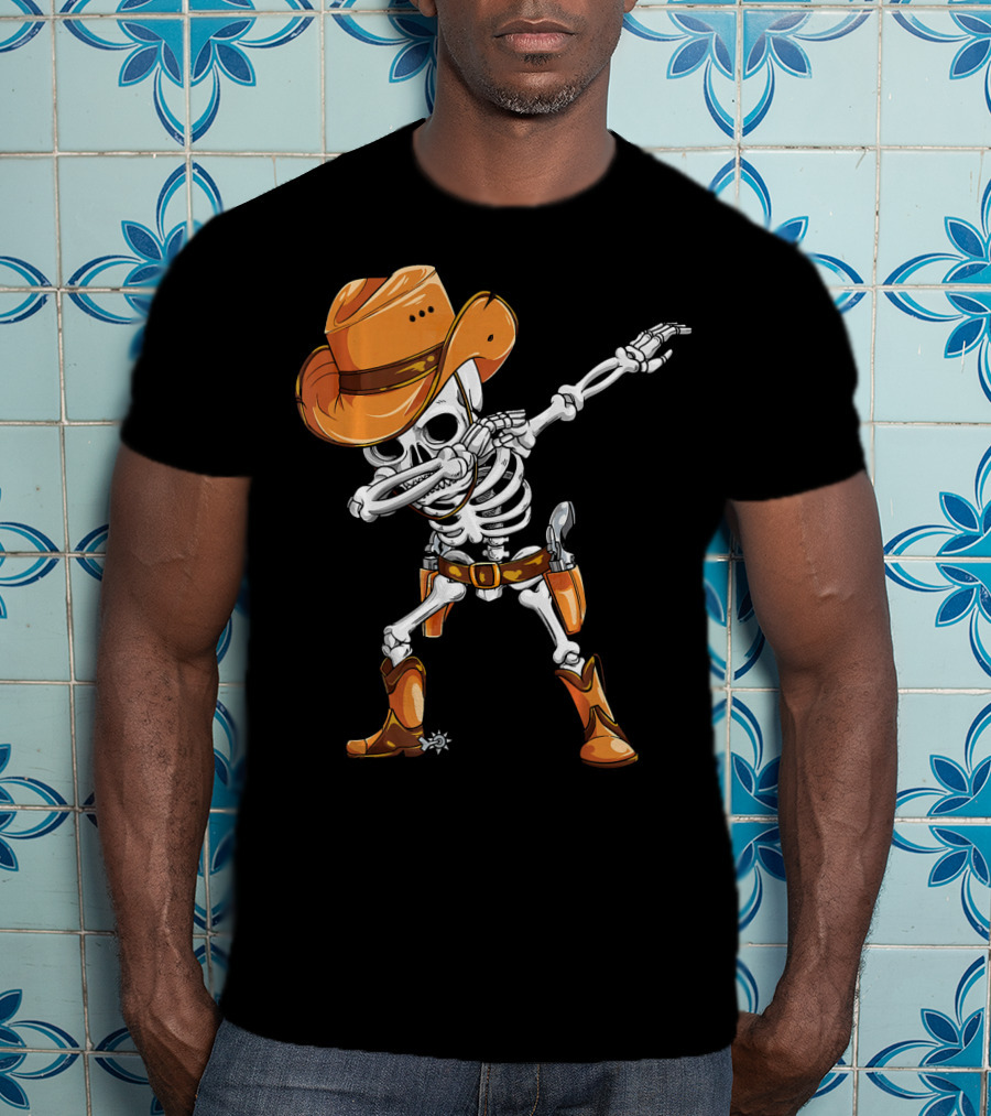 Dabbing Skeleton Cowboy In Orange Hat And Boots T-Shirt