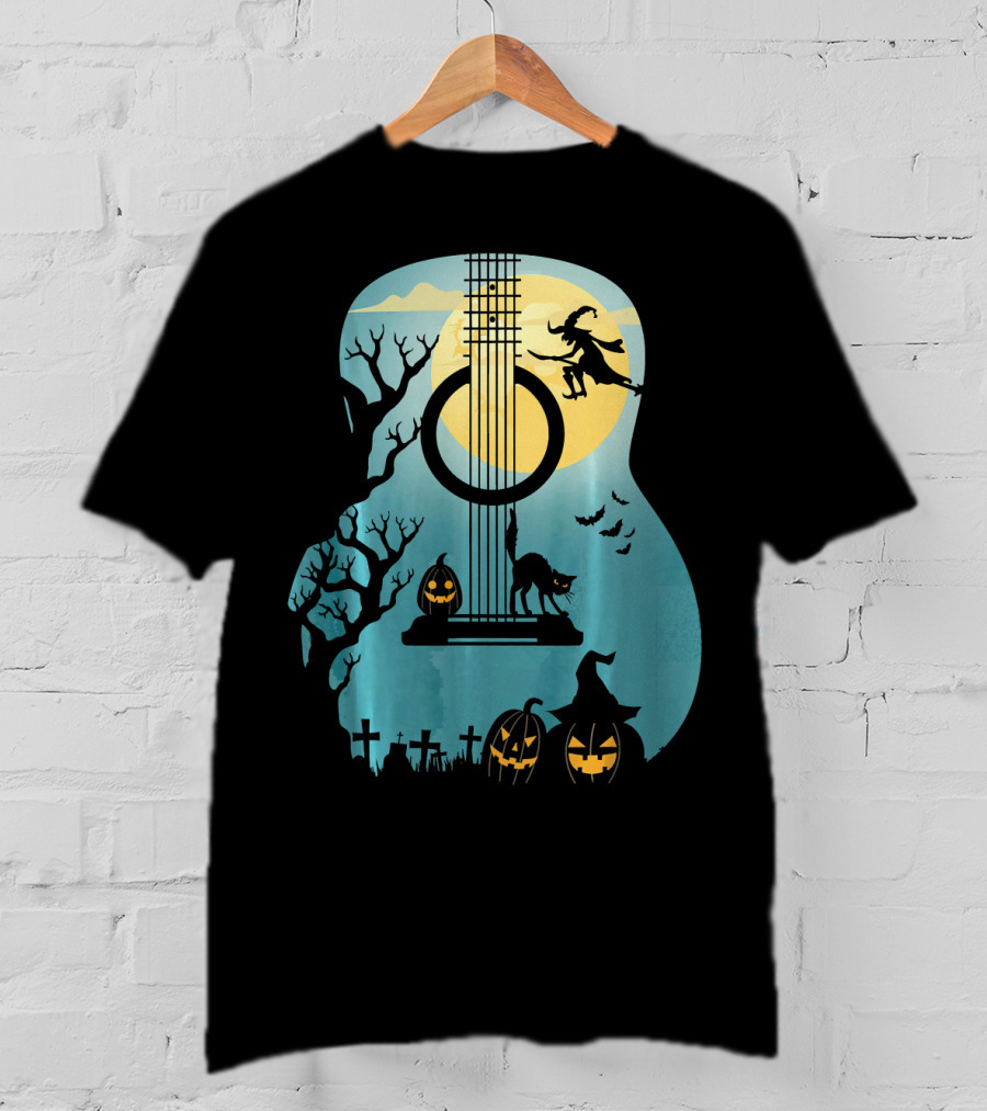 Halloween Guitar Witch Cat Pumpkins And Bat Scene T-Shirt