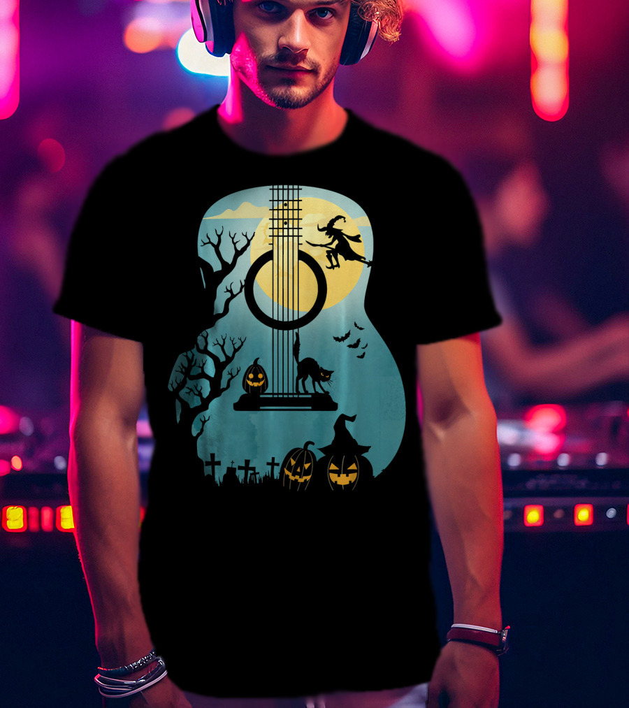 Halloween Guitar Witch Cat Pumpkins And Bat Scene T-Shirt