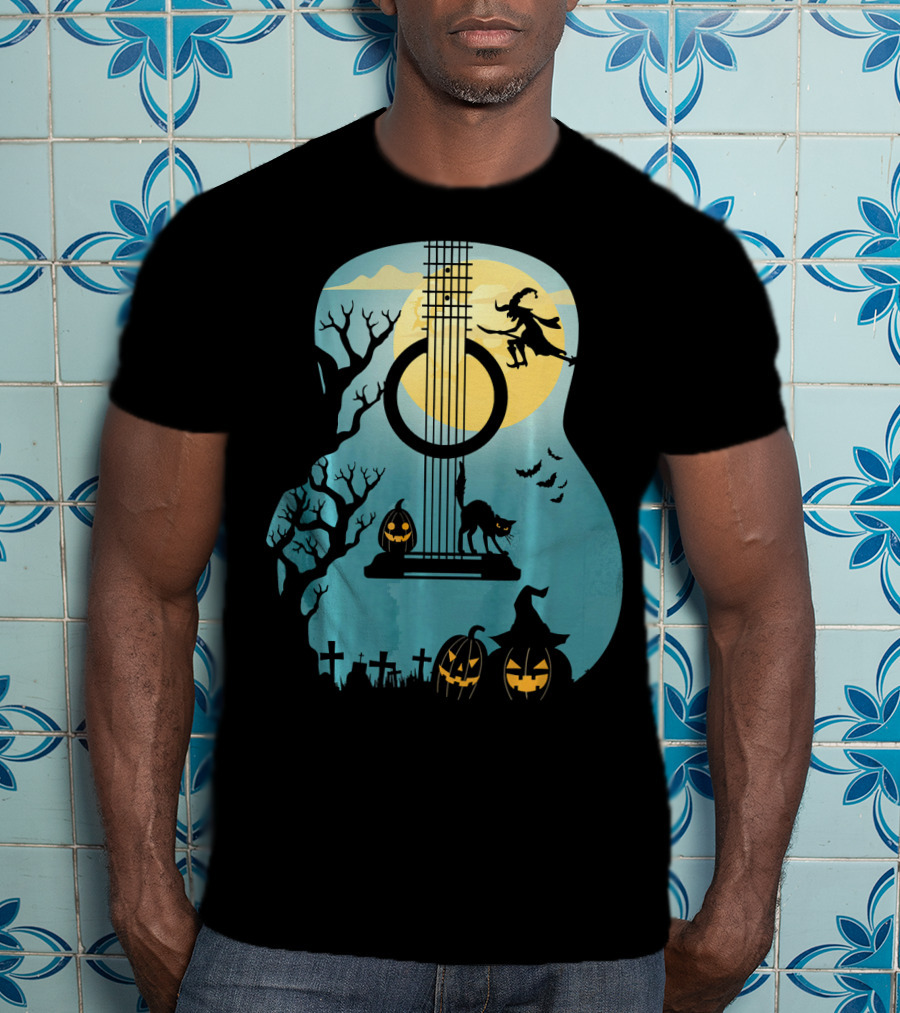 Halloween Guitar Witch Cat Pumpkins And Bat Scene T-Shirt
