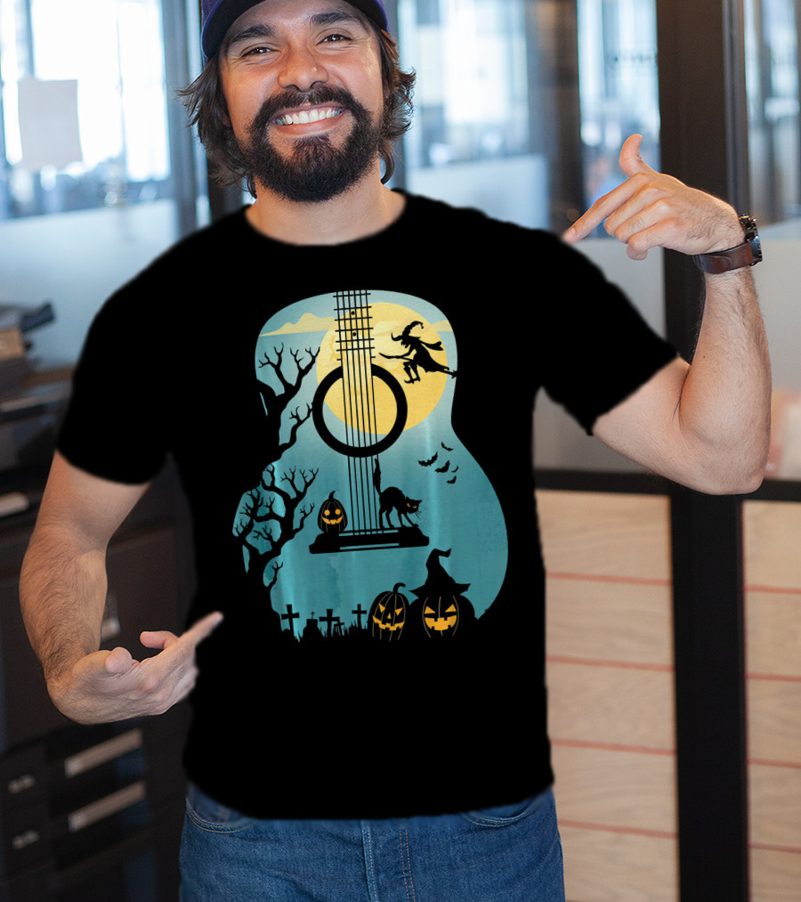 Halloween Guitar Witch Cat Pumpkins And Bat Scene T-Shirt