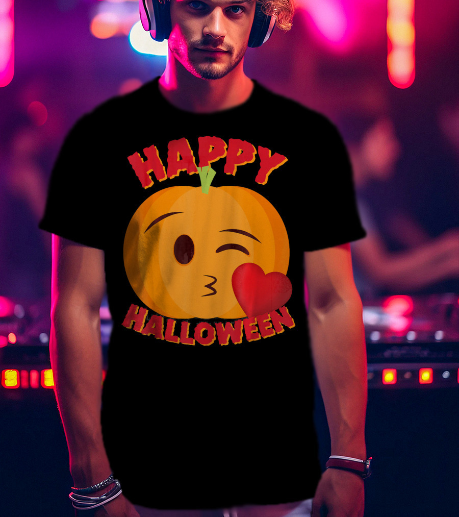 Happy Halloween Blowing Kiss Emoji Pumpkin T-Shirt