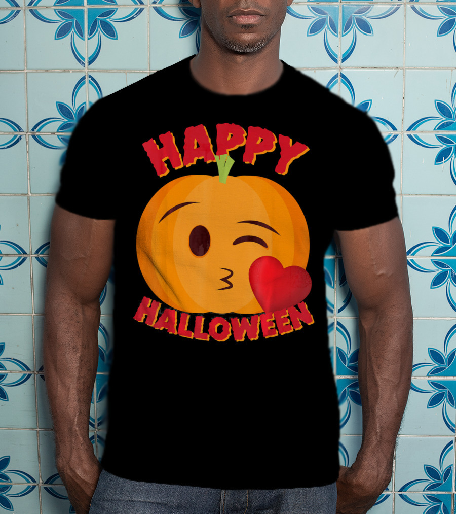 Happy Halloween Blowing Kiss Emoji Pumpkin T-Shirt