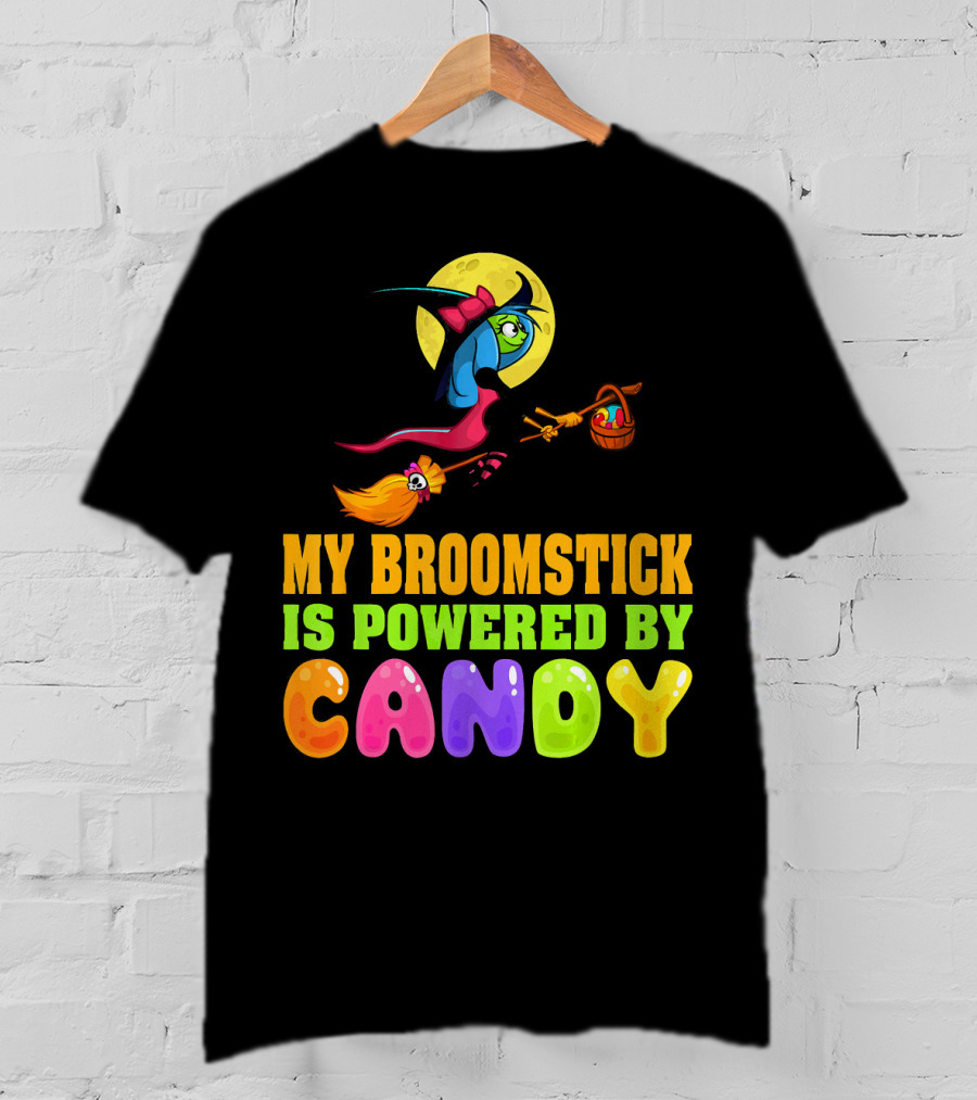 My Broomstick Is Powered By Candy With Witch And Moon Scene T-Shirt