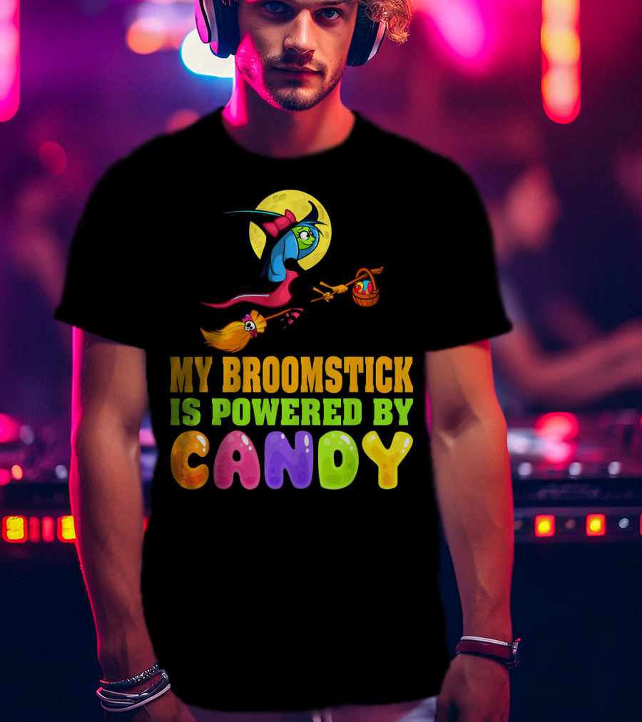 My Broomstick Is Powered By Candy With Witch And Moon Scene T-Shirt