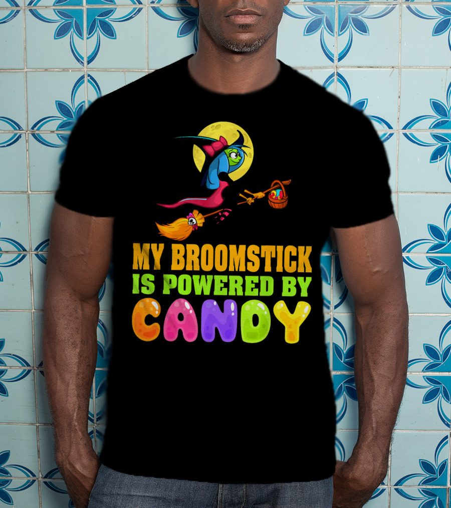 My Broomstick Is Powered By Candy With Witch And Moon Scene T-Shirt