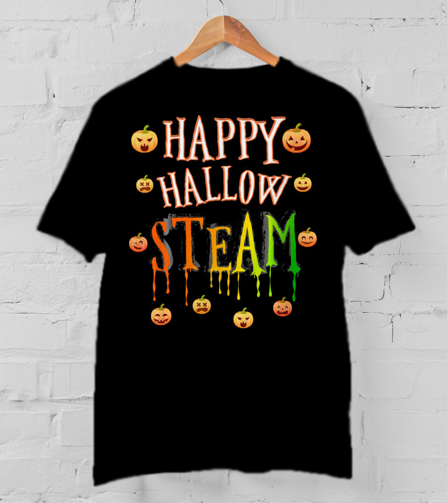 HAPPY HALLOW STEAM Pumpkin Faces Orange Green Dripping Letters T-Shirt