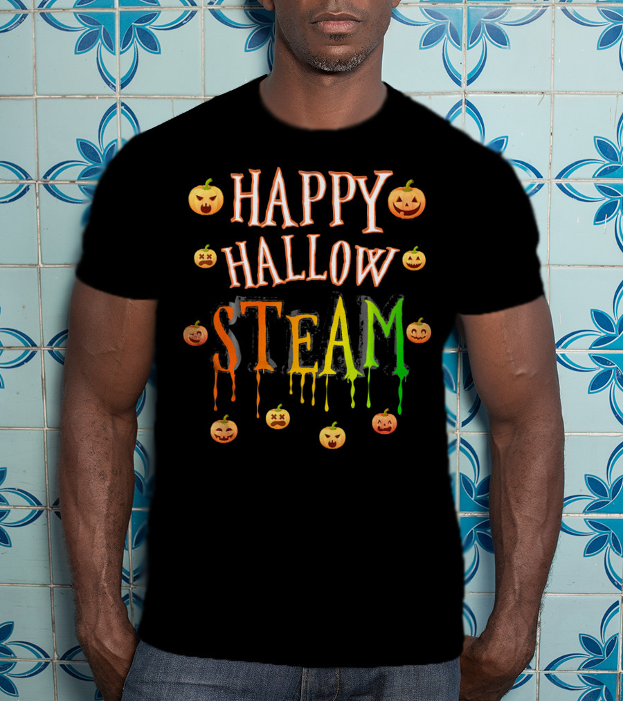 HAPPY HALLOW STEAM Pumpkin Faces Orange Green Dripping Letters T-Shirt