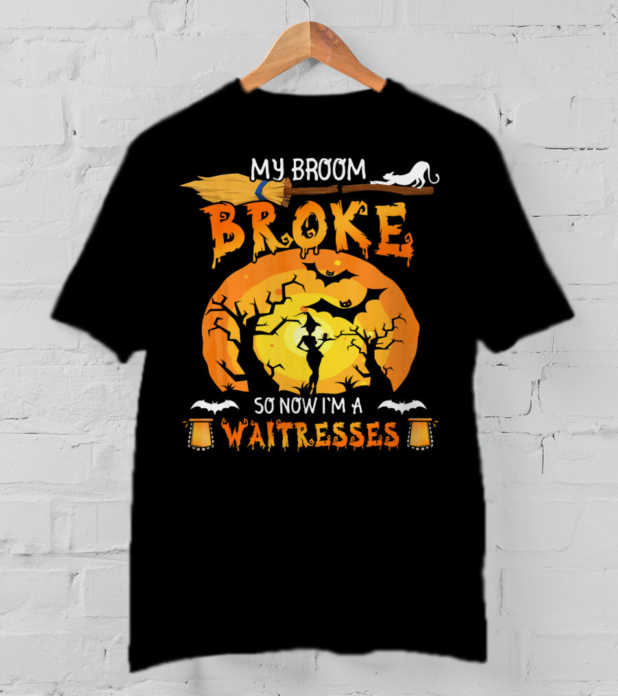 My Broom Broke So Now I'm A Waitresses Halloween Witch Moon Cat Lanterns T-Shirt
