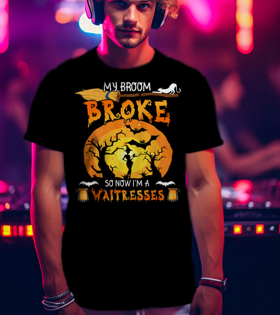 My Broom Broke So Now I'm A Waitresses Halloween Witch Moon Cat Lanterns T-Shirt