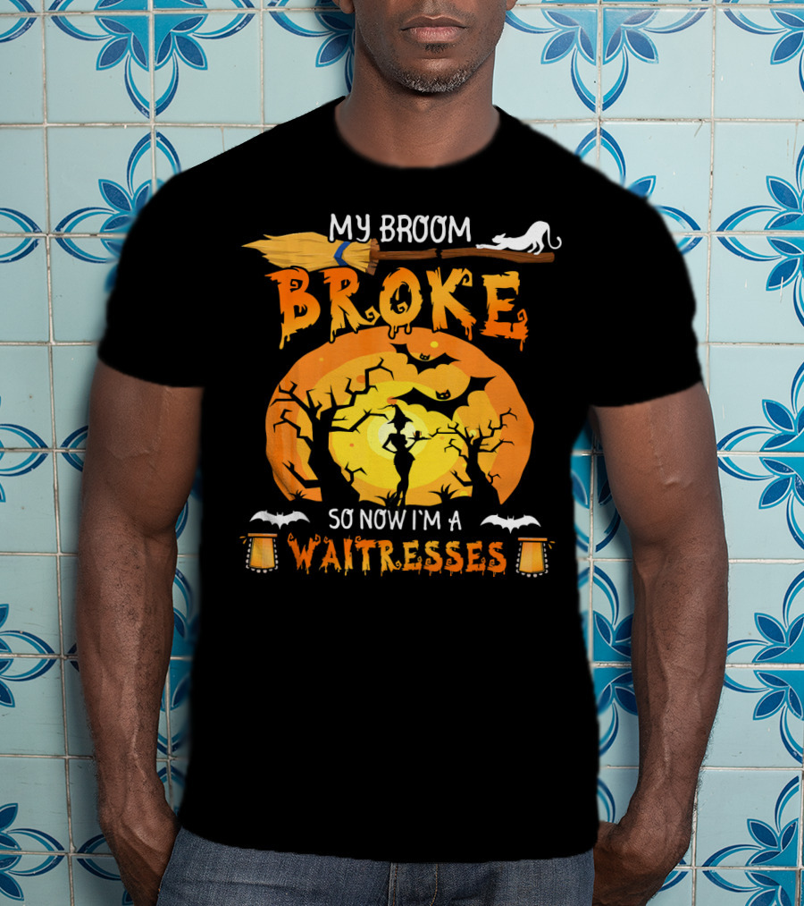 My Broom Broke So Now I'm A Waitresses Halloween Witch Moon Cat Lanterns T-Shirt