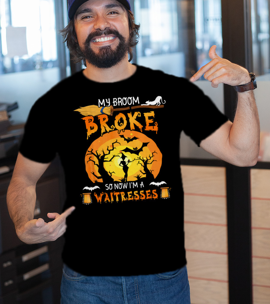 My Broom Broke So Now I'm A Waitresses Halloween Witch Moon Cat Lanterns T-Shirt