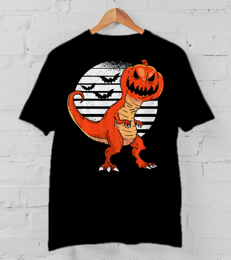 Funny Dinosaur Pumpkin Head Halloween With Bats T-Shirt