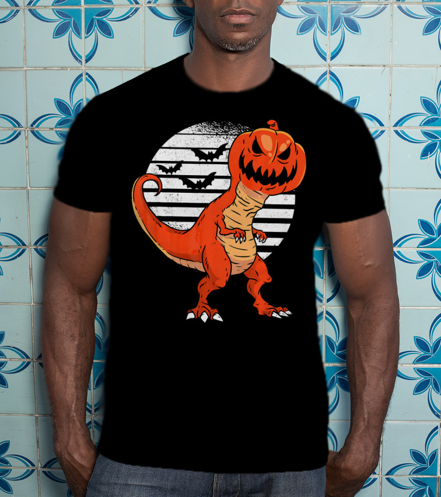 Funny Dinosaur Pumpkin Head Halloween With Bats T-Shirt