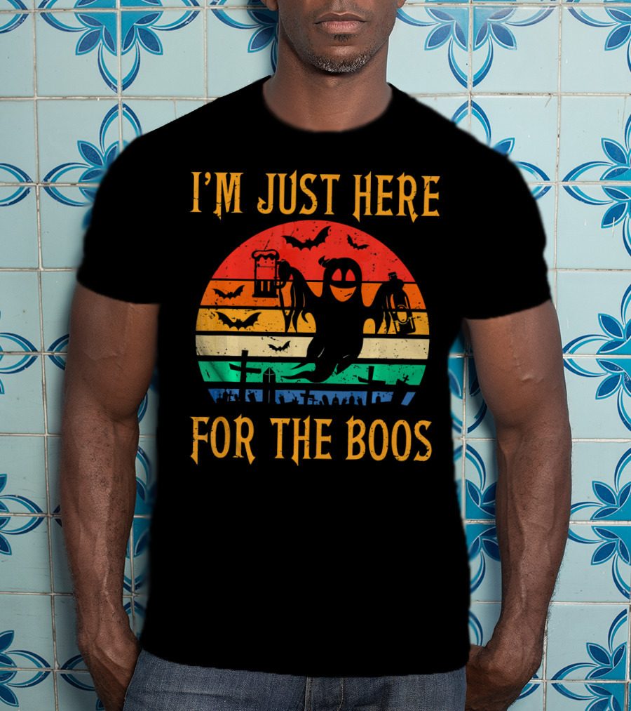 I'm Just Here For The Boos Halloween Ghost And Bats Retro Sunset T-Shirt
