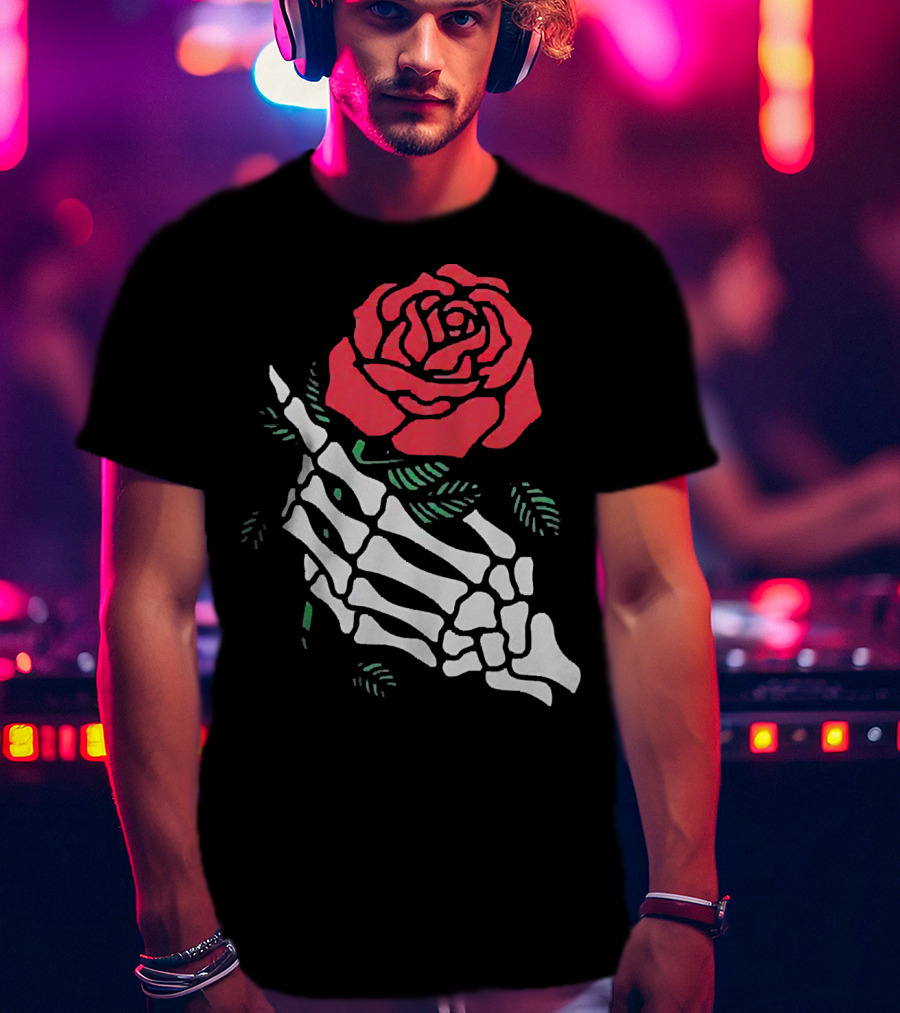 Rose White Skeleton Hand Holding Red Rose T-Shirt