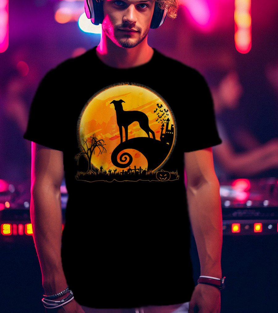 Italian Greyhound Dog Silhouette On Halloween Moon Night T-Shirt
