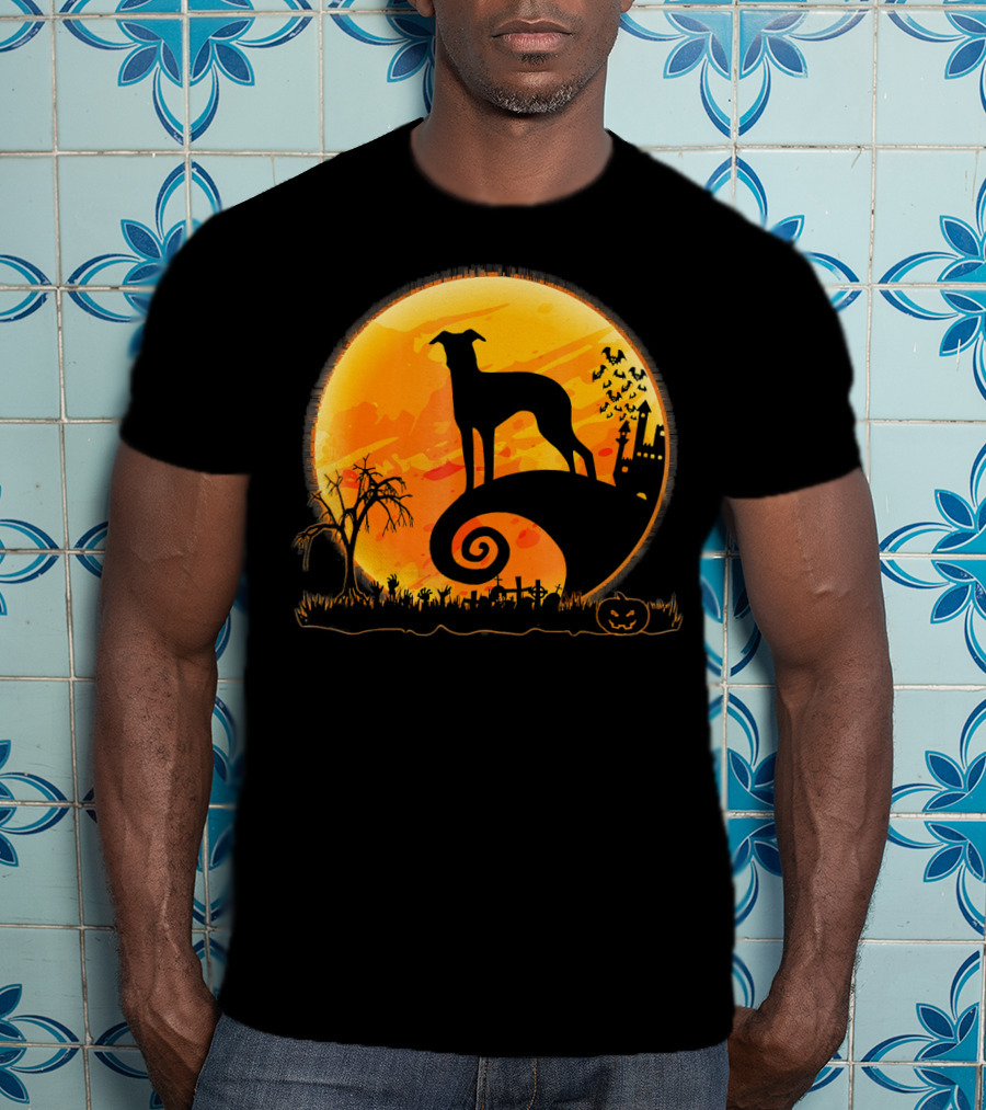 Italian Greyhound Dog Silhouette On Halloween Moon Night T-Shirt