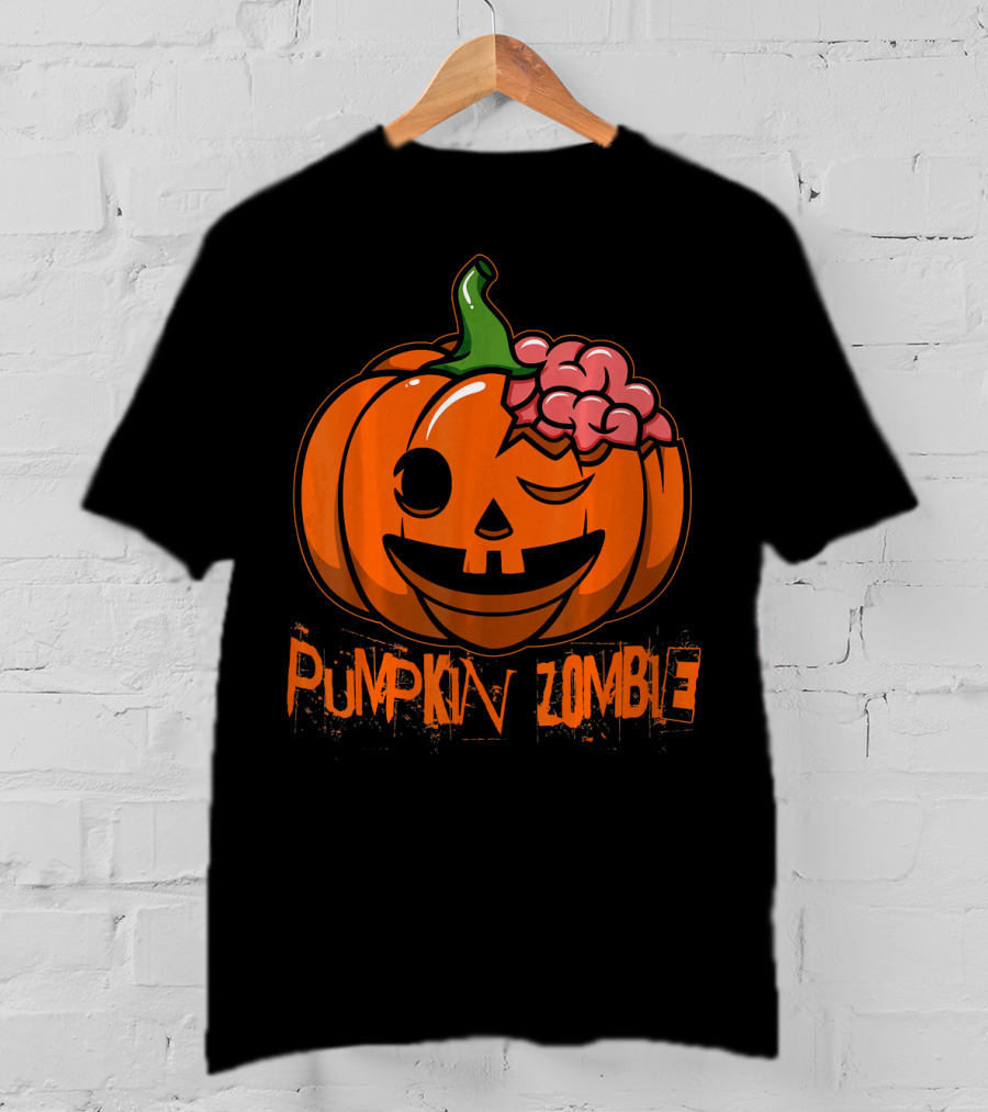 Pumpkin Zombie Halloween Horror Winking Jack O'Lantern With Brain T-Shirt