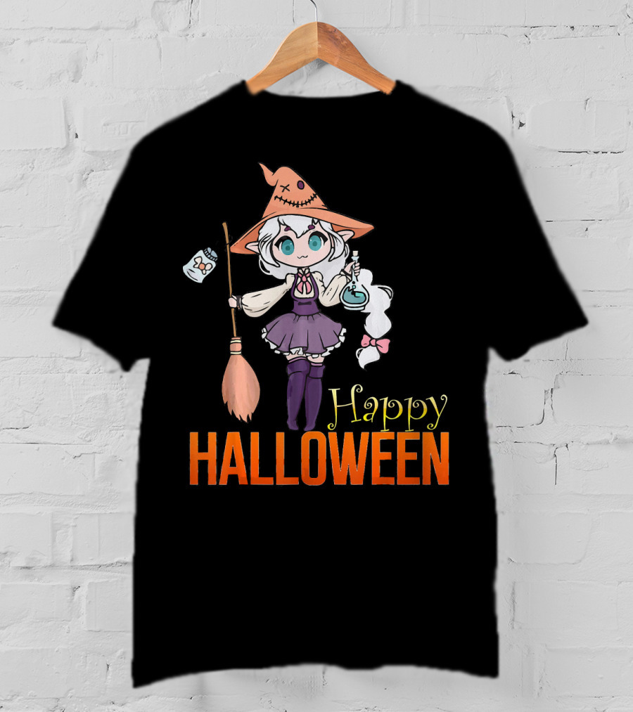 Happy Halloween Witch Anime Girl Cute Magic Potions And Broom T-Shirt