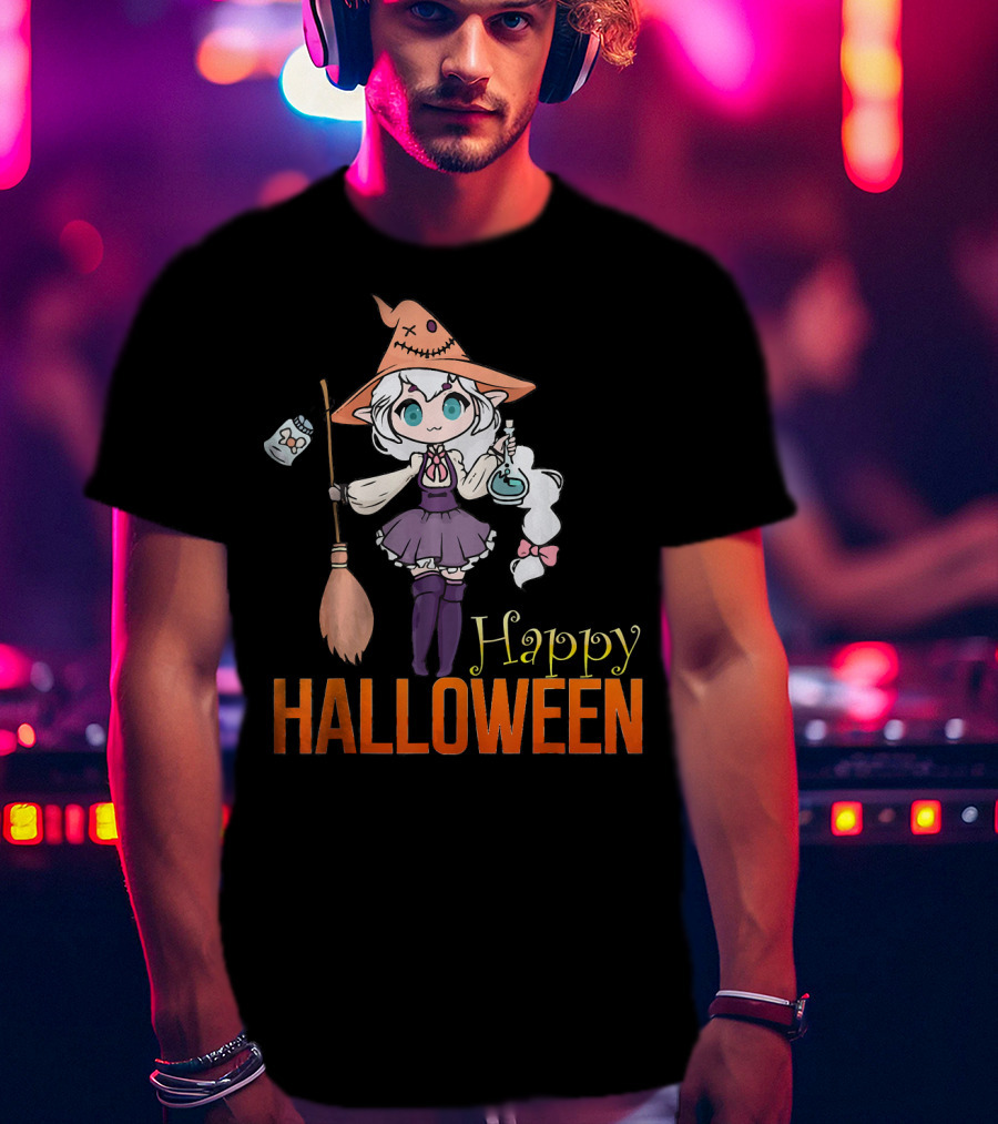 Happy Halloween Witch Anime Girl Cute Magic Potions And Broom T-Shirt