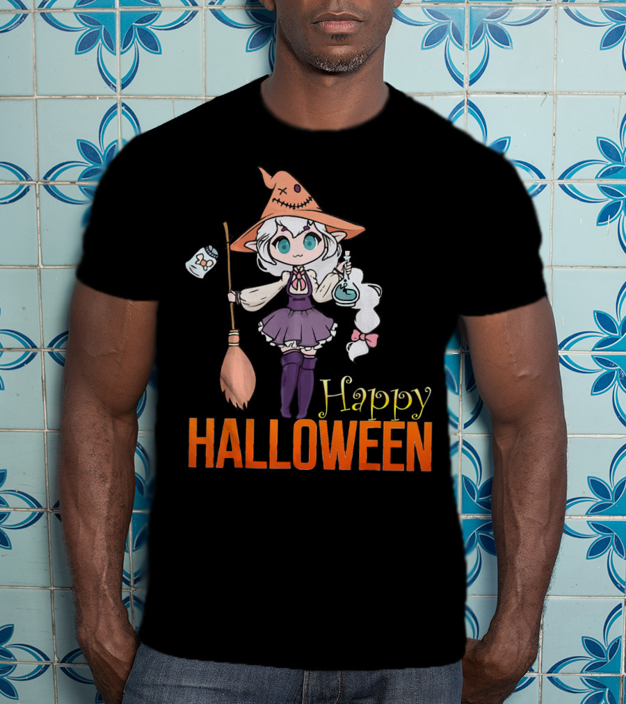 Happy Halloween Witch Anime Girl Cute Magic Potions And Broom T-Shirt