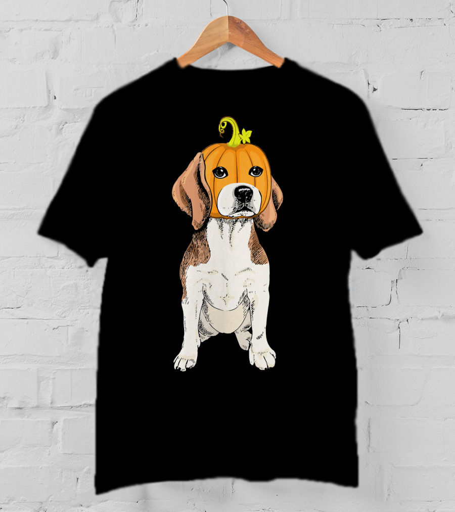 Beagle Wearing Pumpkin Face Funny Halloween Costume T-Shirt