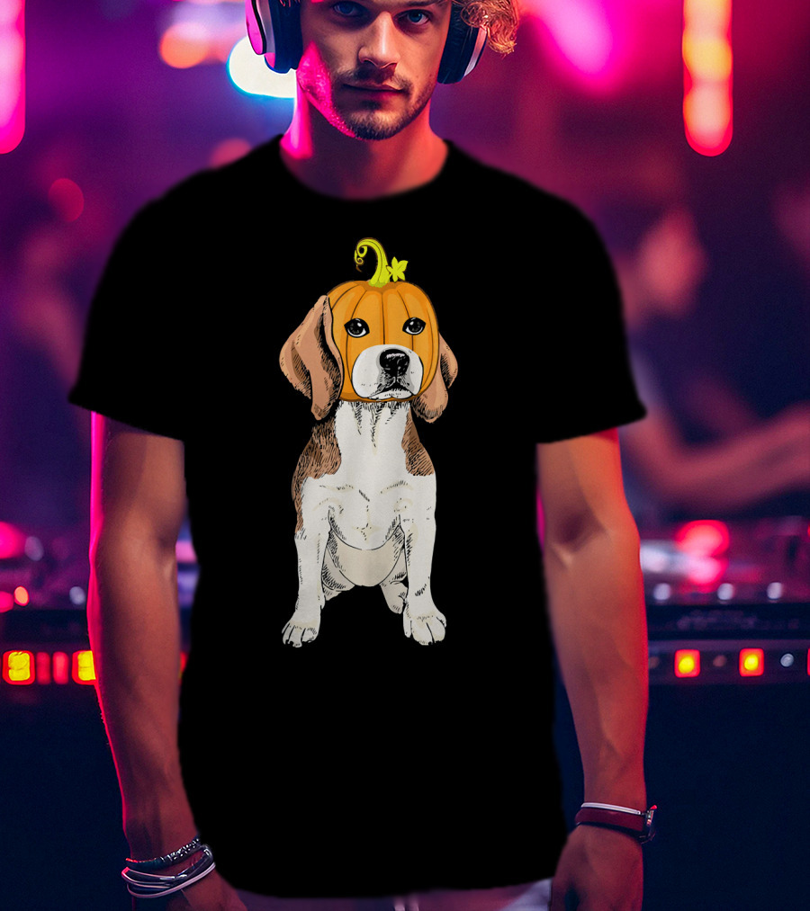 Beagle Wearing Pumpkin Face Funny Halloween Costume T-Shirt